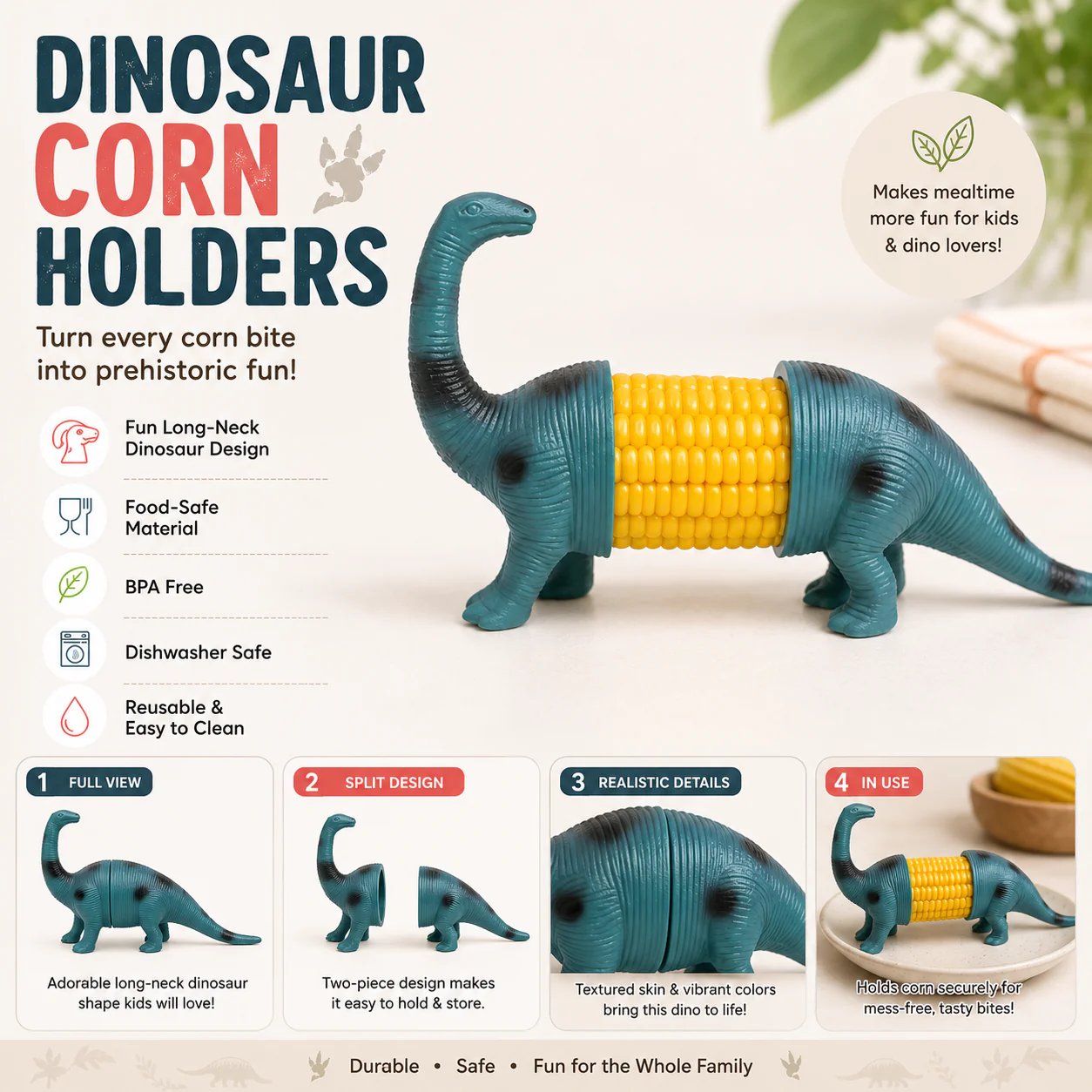 🔥Last Day 50% OFF - 🦖 Cute Dinosaur Corn Holders – Fun Stainless Steel BBQ Kitchen Gadget Set