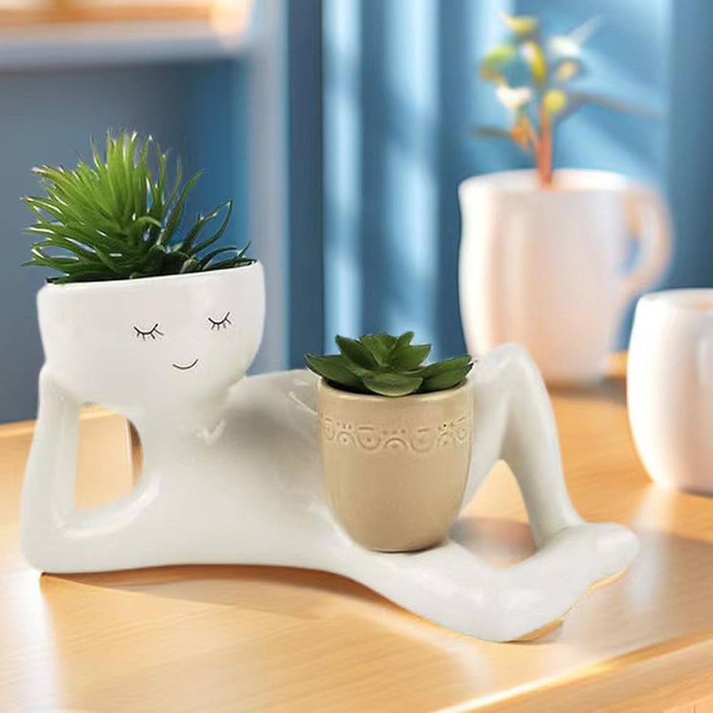 Cute Plant Pot Humanoid Resin Flower Pot Cactus Bonsai Planter Container, Funny Planter Home Office Desk Decor, Not Include Plants