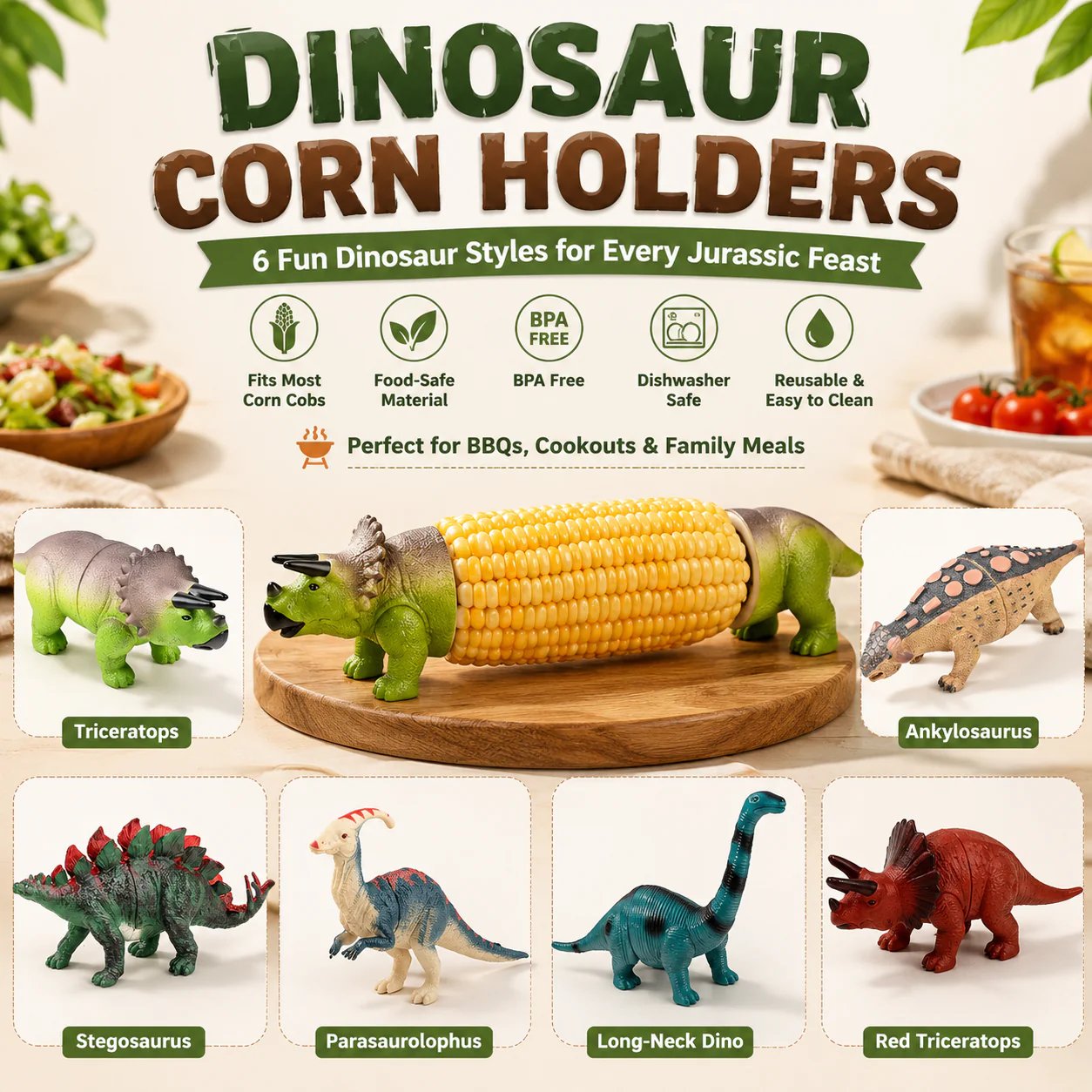 🔥Last Day 50% OFF - 🦖 Cute Dinosaur Corn Holders – Fun Stainless Steel BBQ Kitchen Gadget Set