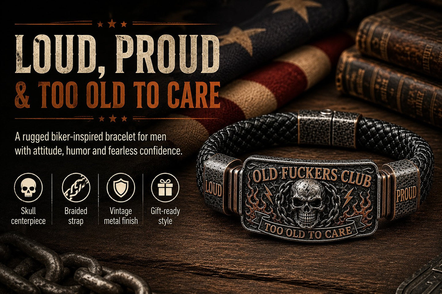 💀 OLD FUCKERS CLUBTM Skull Bracelet – A Badge for Men Who’ve Earned Every Scar & Story