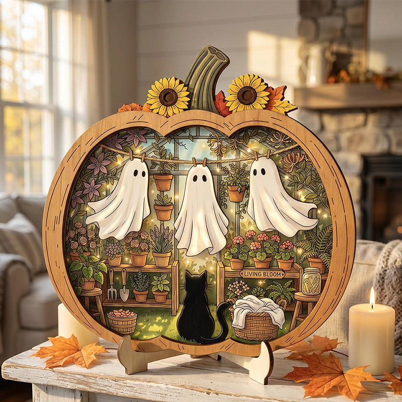 👻 Enchanting Halloween Ghost Pumpkin Decor | Cozy Wooden Tabletop Ornament with Charming Scenes