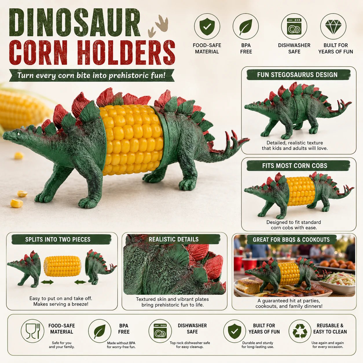 🔥Last Day 50% OFF - 🦖 Cute Dinosaur Corn Holders – Fun Stainless Steel BBQ Kitchen Gadget Set