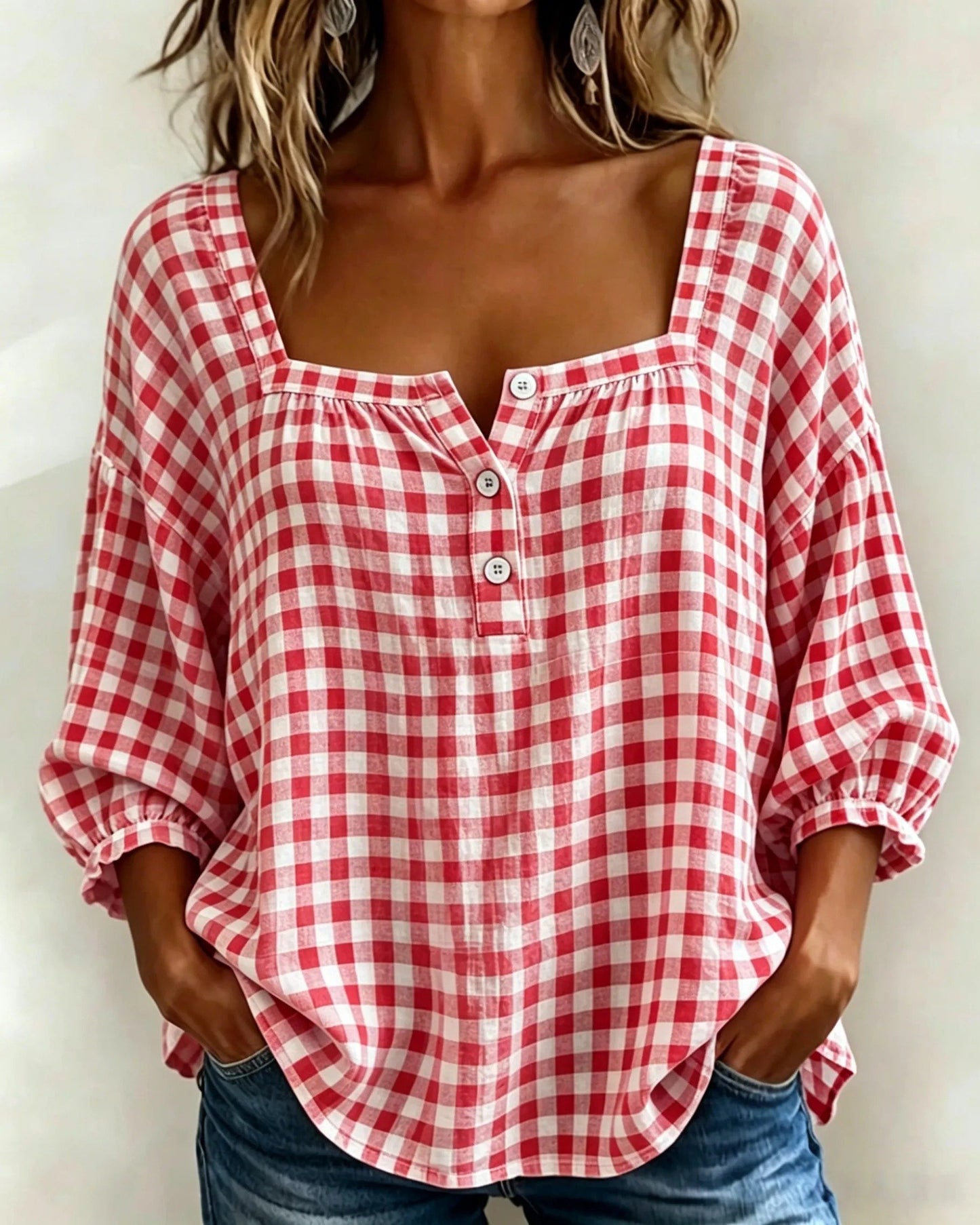 🔥LAST DAY 49% OFF - 🌸Women's Cotton Linen Gingham Square-Neck Short-Sleeve Top