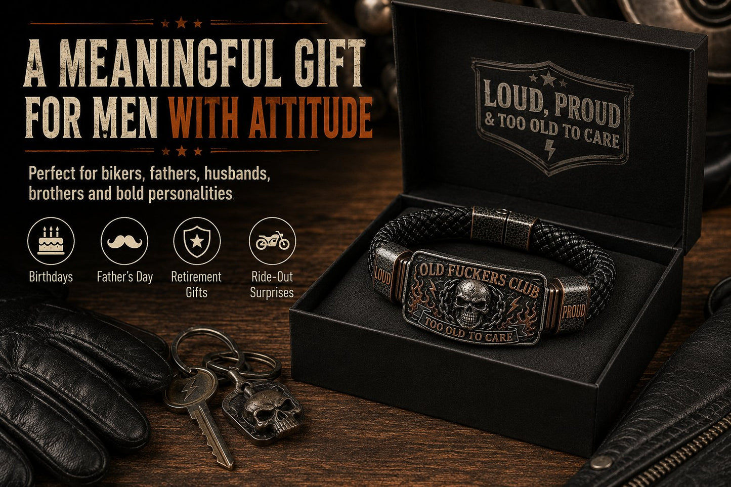 💀 OLD FUCKERS CLUBTM Skull Bracelet – A Badge for Men Who’ve Earned Every Scar & Story