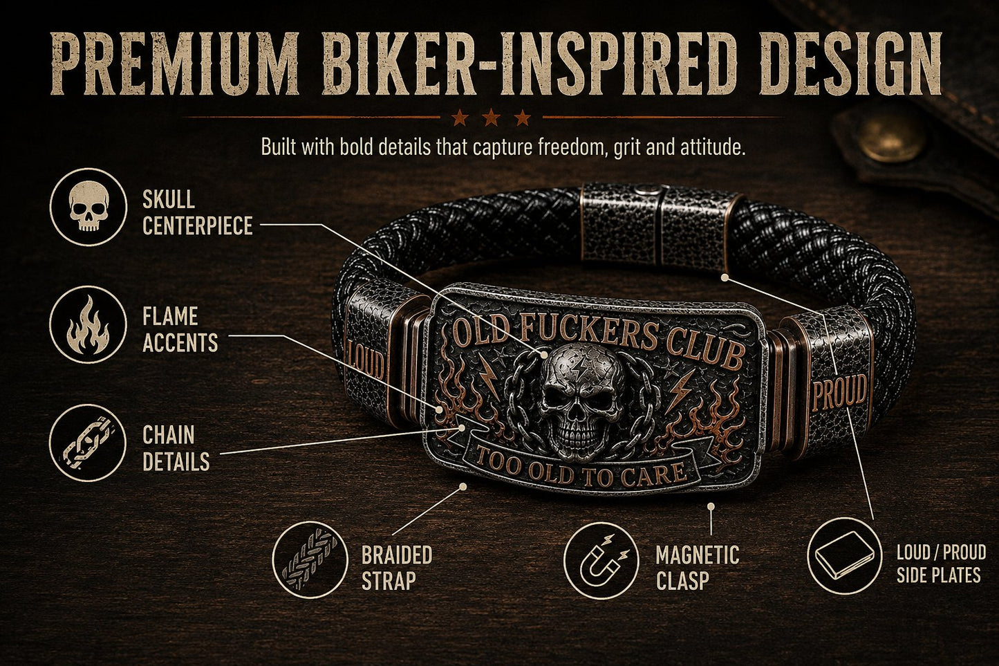 💀 OLD FUCKERS CLUBTM Skull Bracelet – A Badge for Men Who’ve Earned Every Scar & Story
